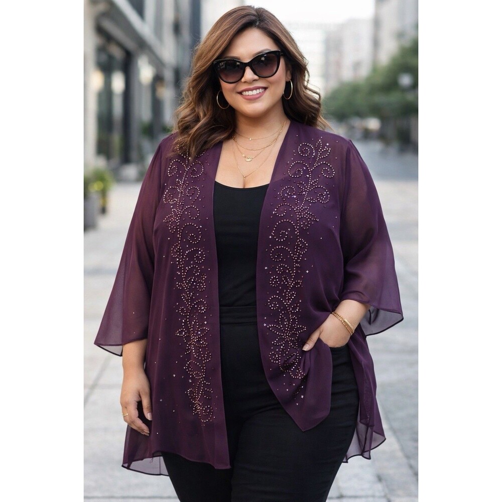 Catherine's 20W Petite Size Beaded Sheer Chiffon Kimono Cardigan Plum Open Front